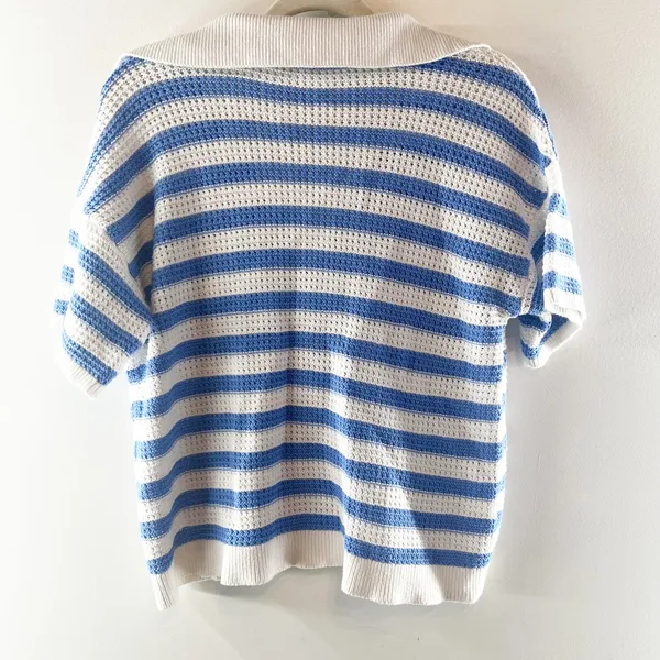 LOFT Striped Short Sleeve Collared Knit Pullover Sweater White Blue Large - Image 5