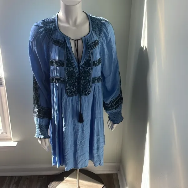 Free People Wind Willow Boho Embroidered Peasant Dress. Periwinkle Gauzy Size S - Image 6