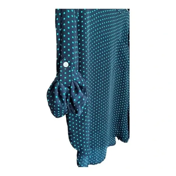 LOFT Blouse Women XS Navy Blue‎ Teal Polka Dot Roll Tab Sleeve Pocket Scoop Neck - Image 5
