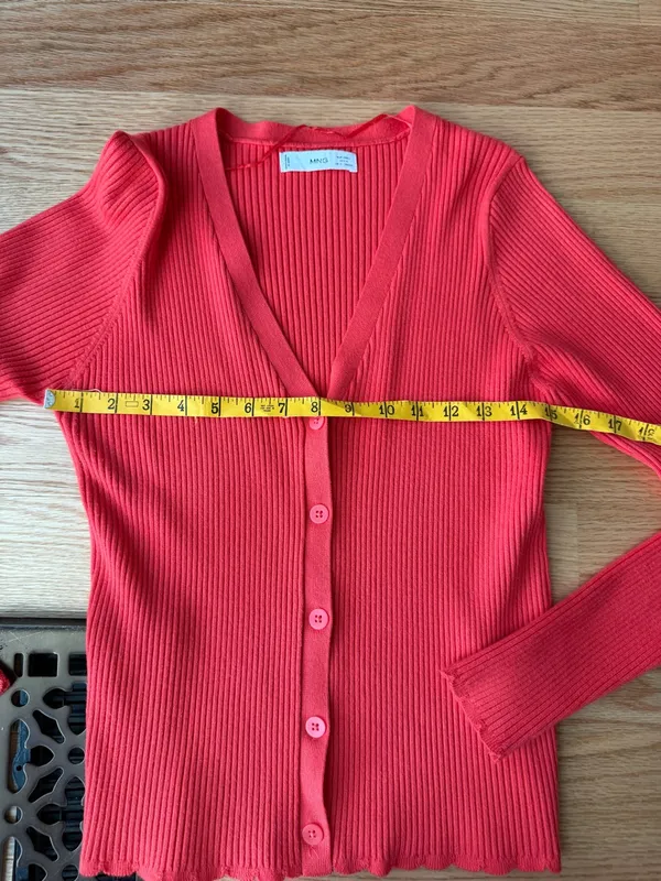 Mango Red Ribbed Fitted Button Front Cardigan Top M - Image 5