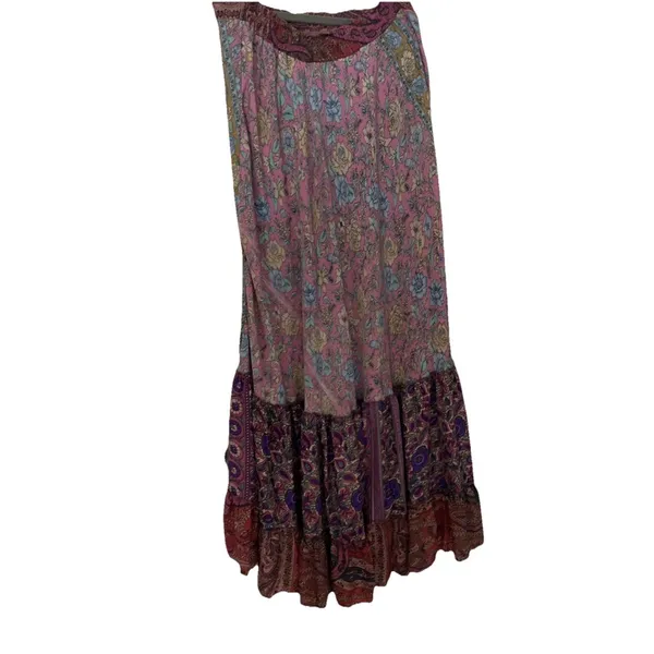 Gold & Silver Paris Floral Boho Maxi Skirt Size Small Pastel Paisley Peasant - Image 4