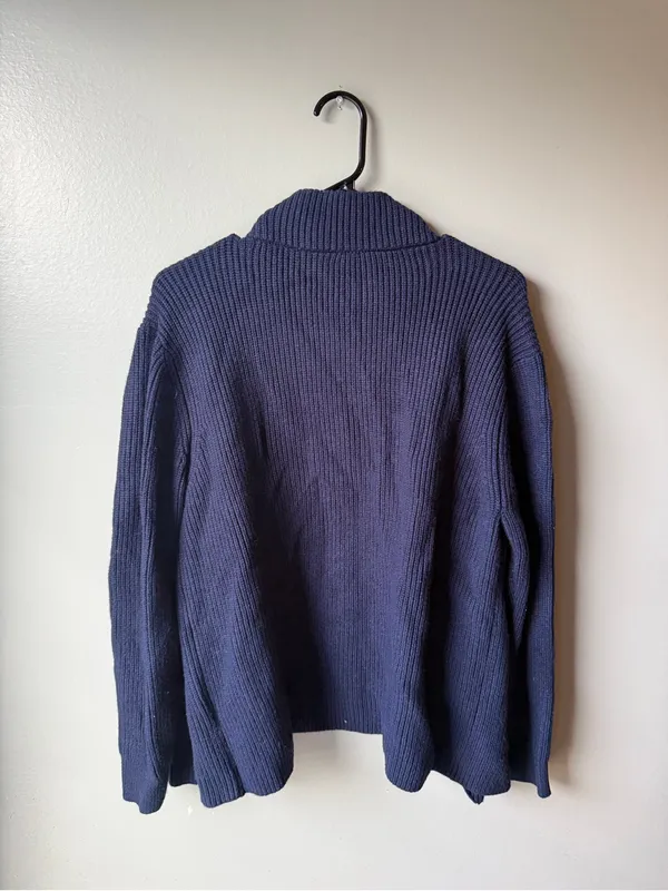Navy Blue Ribbed Knit Cardigan Sweater Button Front Pockets Medium - Image 5
