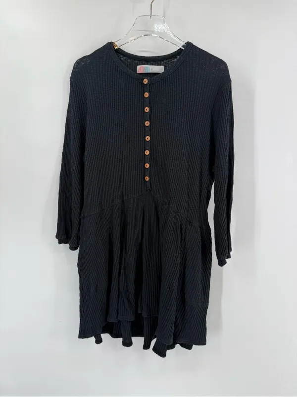 Free People Beach Blossom Black Ribbed Button Front Boho Mini‎ Dress size xs - Image 3