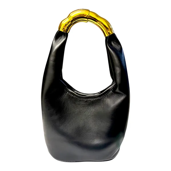 French Gilded Hard-Frame Black Vegan Leather Shoulder Bag NEW - Image 2