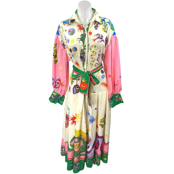 Women's Multicolor Graphic Long Balloon Sleeve Belted Maxi Shirt Dress Size XXL - Image 2