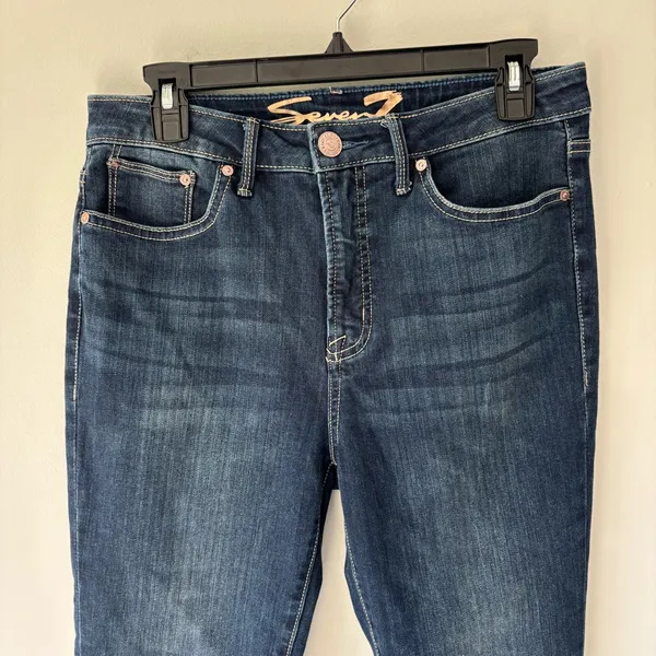 Seven7 High-Rise Raw Hem Cropped Fashion Jeans Dark Wash Denim Straight Leg - Image 2