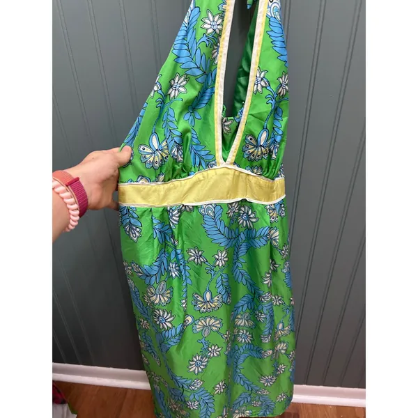 Lilly Pulitzer Green Floral 100% Silk Halter Dress Size 8 Tropical V-Neck Lined - Image 2