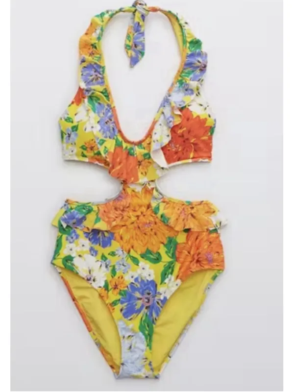 Aerie Yellow Floral Monokini Floral Ruffle Halter One Piece Swimsuit Large - Image 3