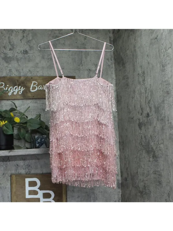 NWT Aqua X Salvatore Rizza Womens Tiered Ombre Fringe Lined Mini Dress Pink S - Image 3