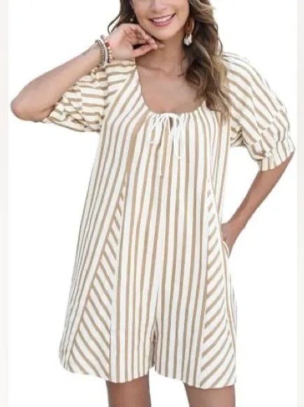 Amazon Bop Around Romper Striped Loose Puff short Sleeve beige tie front bow - Image 5