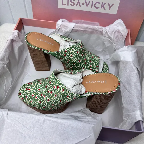 NWT Lisa Vicky Joy Green Botanical Print Platform Mule Clog Heels Size 9 - Image 7
