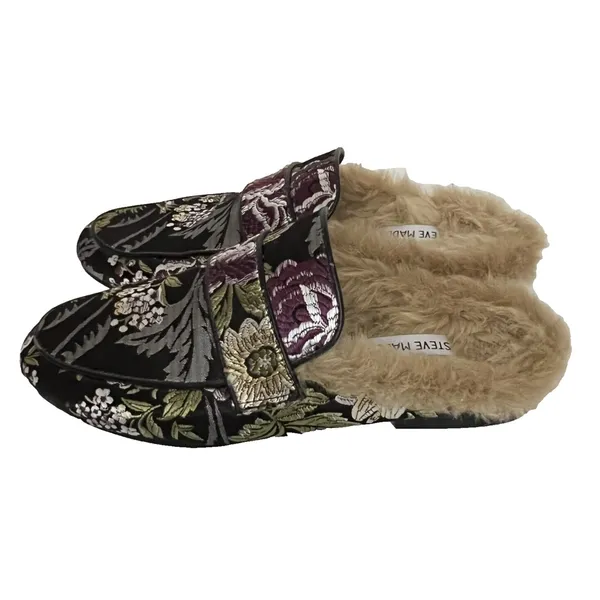 Steve‎ Madden Kaden Mules Women 7.5 Black Floral Brocade Faux Fur Lined KADE01S1 - Image 3