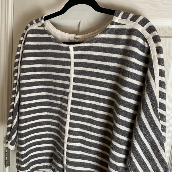 Madewell Gray White Striped Textured Cotton Top Back Zip Medium - Image 5