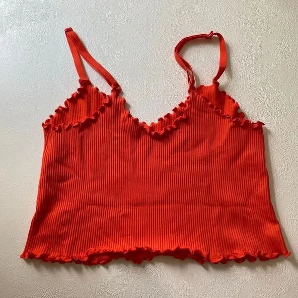Aerie Orange Ribbed Lettuce Trim Cropped Cami Tank Top Size Large - Image 3