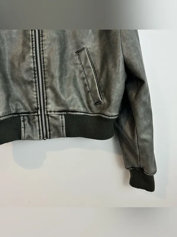 Zara Grey Zip Up Faux Leather Vegan Bomber Jacket Size Medium - Image 7