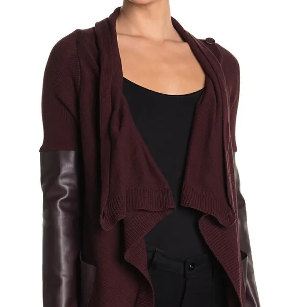 BLANKNYC Denim Faux Leather Trim High/Low‎ Cardigan - Image 3