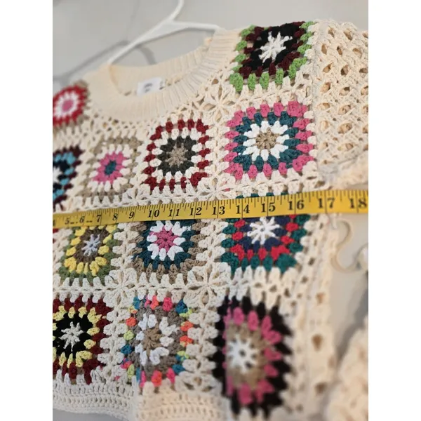 Luna Ivy Granny Square Crochet Sweater Cream Colorful Open Knit Women Size S NWT - Image 8