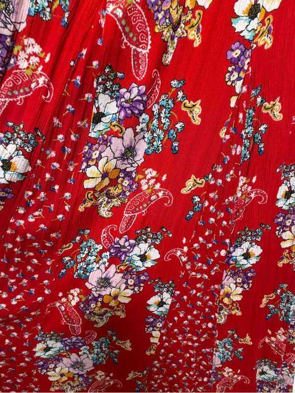 Bila Red Floral Boho Maxi Dress Hankerchief Hem Cottagecore Festival Flowy L - Image 8