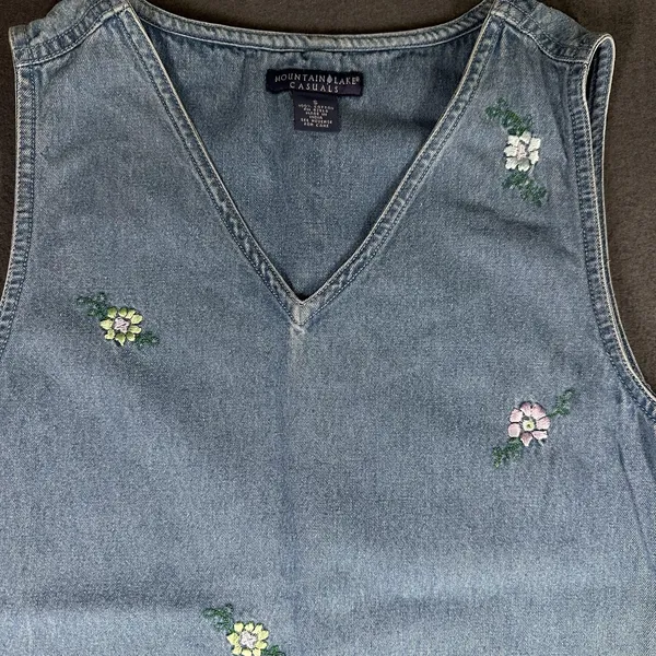 Vtg Mountain Lake Casuals Dress Womens Small Blue Denim Floral Maxi Jumper - Image 6