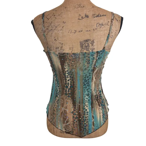 Star City Y2K Mesh Cami Top Teal Brown Lace Sequin Sheer Fairycore Mcbling Small - Image 2