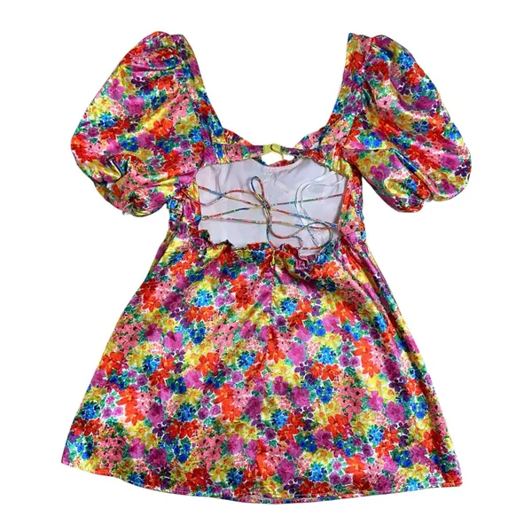 For Love & Lemons Vibrant Floral Merrill Puff Sleeve Mini Dress Womens L - Image 8