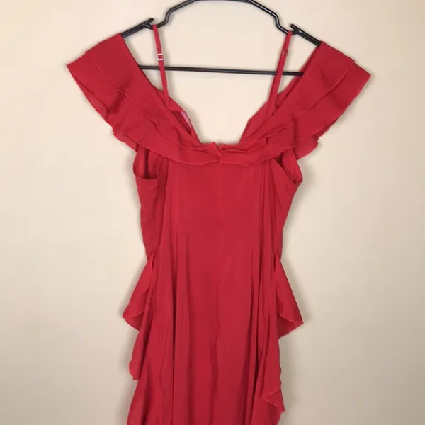 PrettyLittleThing Women’s Red Ruffle Off the Shoulder Leg Slits Maxi Dress - Image 6