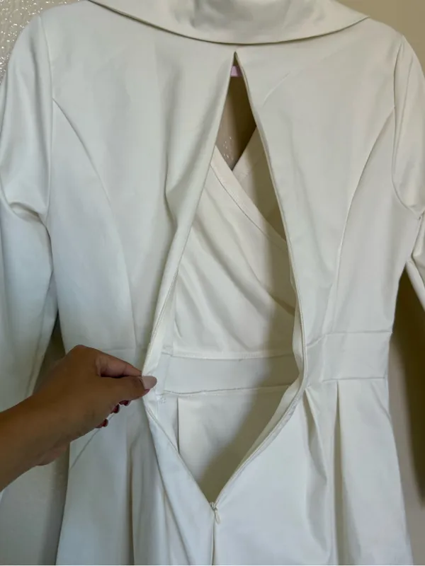 Ivory Long Sleeve Midi Dress Surplice Fit & Flare Bridal Wedding Small - Image 6