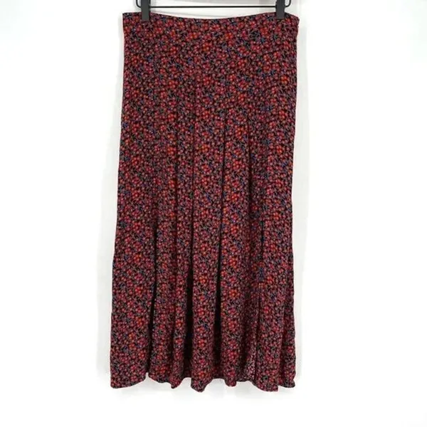 ZARA High Waisted Floral Flowy 2 Slits Preppy Midi Skirt Side Zip Up S Red Black - Image 13