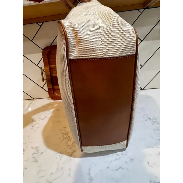 Michael Kors Montauk canvas shoulder bag cream fabric brown leather handles Y2K - Image 8