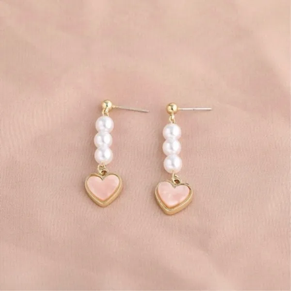 Pink Heart Pearl Dangle Drop Earrings for Women - Image 2