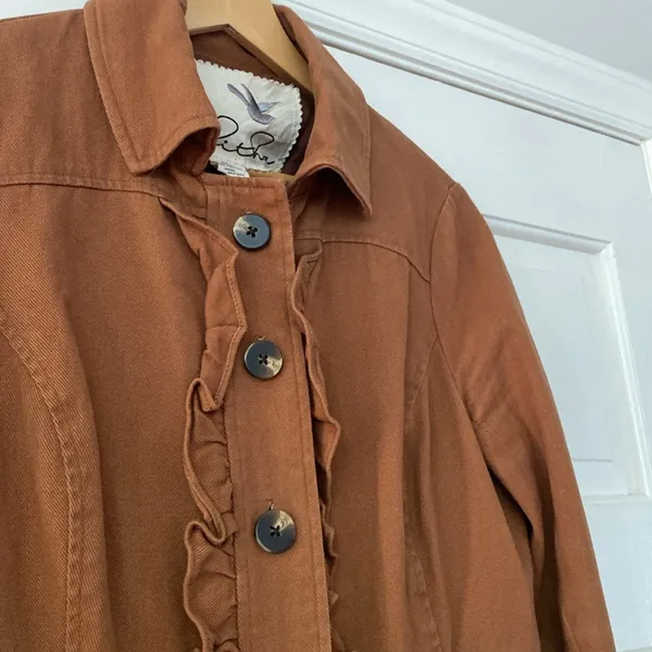 Anthropologie Tabitha Theodora Burnt Orange Rust Jacket Ruffle‎ Military Size 4 - Image 5