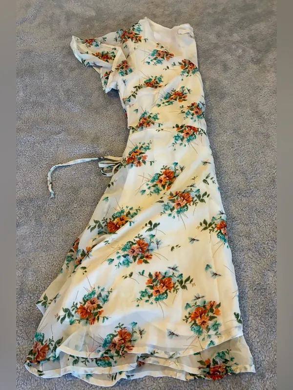 Women’s Altar’d State Floral Wrap Midi Dress in Ivory with Orange Blooms Size XS - Image 12