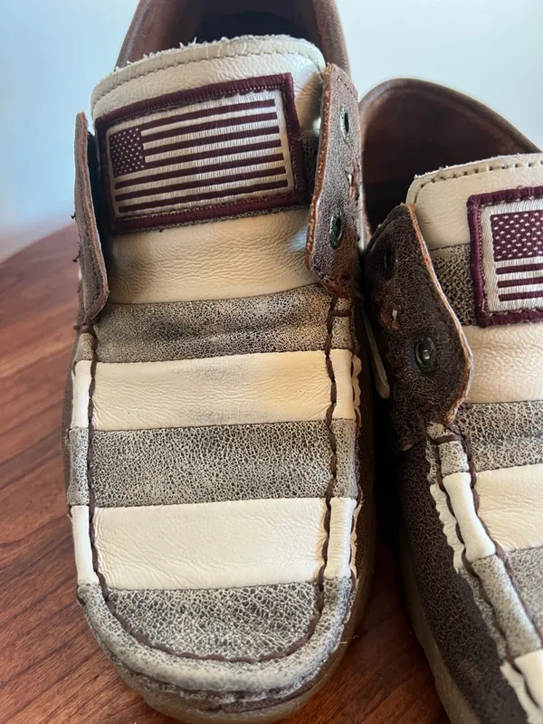 Tony Lama TLC Brown and Tan Striped Slip-On Loafers with flag size8 - Image 4