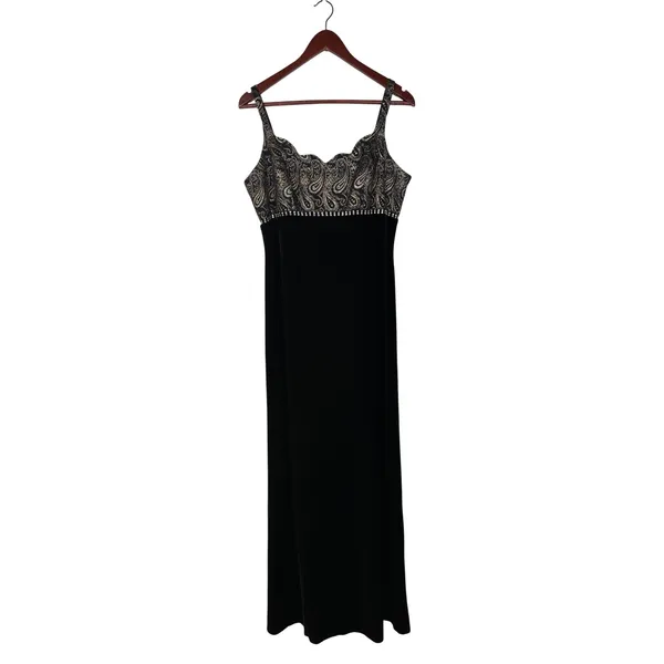 Vintage Betsy & Adam Dress 12 Black‎ Gold Velvet Formal Whimsygoth Paisley 90s - Image 2