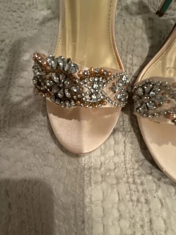 Blue by Betsey Johnson Gina Champagne Satin Rhinestone Ankle Strap Heels - Image 5