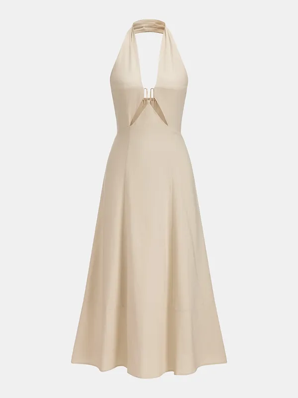 Commense Cut-Out Linen Blend Halter Maxi Dress Khaki Beige Small NWT - Image 2
