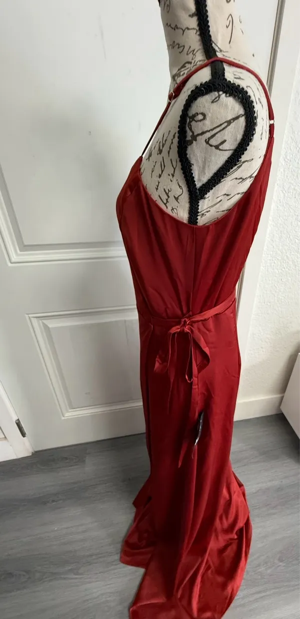 Lulus Poised Sophistication Rust Red Satin Wrap Maxi Dress - NWT - Size M - 63" Length - Image 9