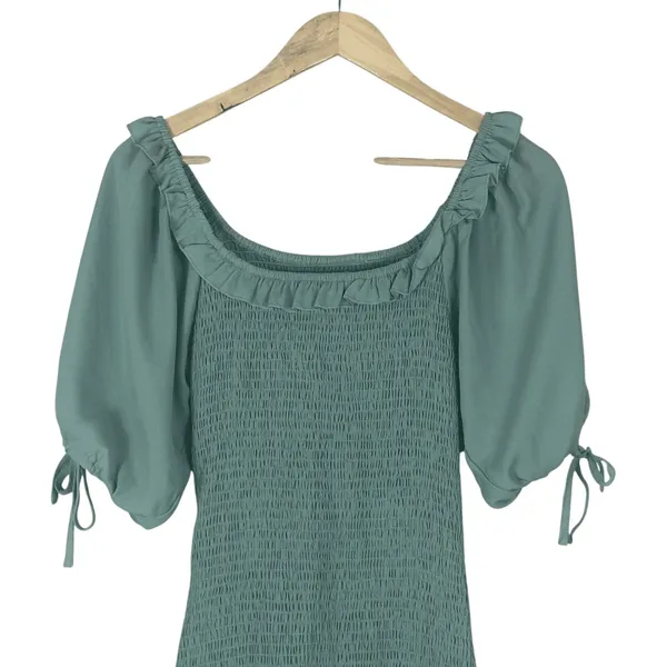 A Love Like You Dress Cottagecore Puff Sleeve Mini Dress Green Smocked Ruffle S - Image 3