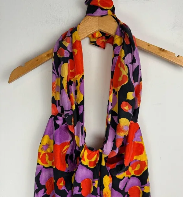 Y2K Abstract Floral Halter Top Sz Medium 100% Silk - Image 4