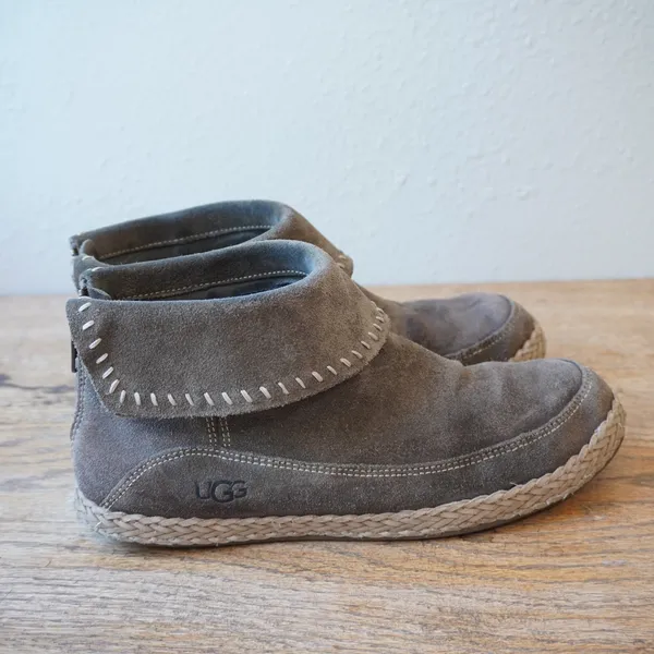 UGG Women's Size 8 Ankle Boot Gray Suede Leather Whipstitch Zip Boho Outdoors - Image 2