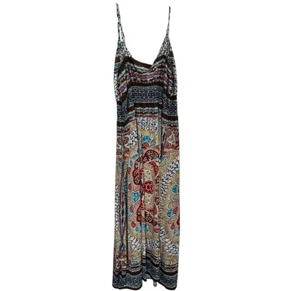 she's cool Women's Boho Brown Paisley Spaghetti Strap Hippie Chic Maxi Dress ~ Plus Size 1X - Image 3