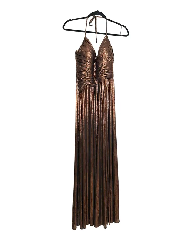 Retrofete Waldorf Lame Brown Metallic Evening Gown Side Slit Maxi Dress SMALL - Image 3
