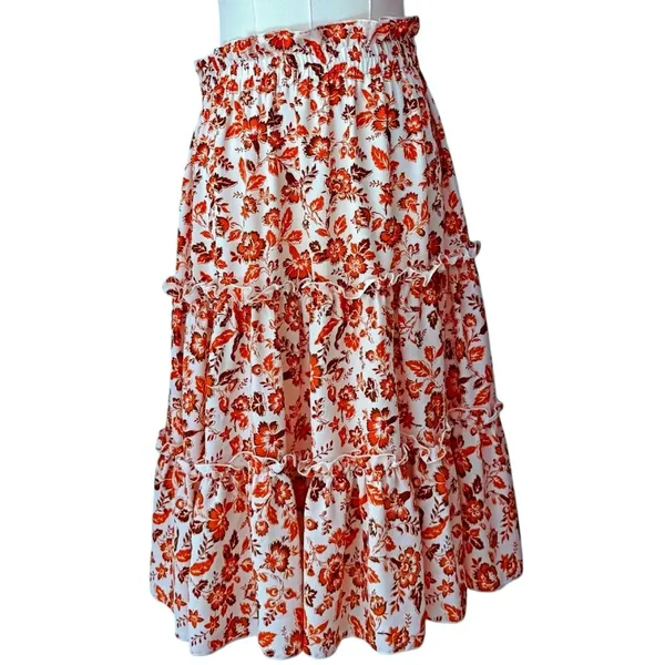A loves A Orange Floral Ruffled Tiered Midi Lined Skirt SM Coquette Cottage Boho - Image 2