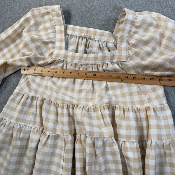 Entro Women's Small Beige White Gingham Square Neck Tiered Babydoll Top Blouse - Image 6