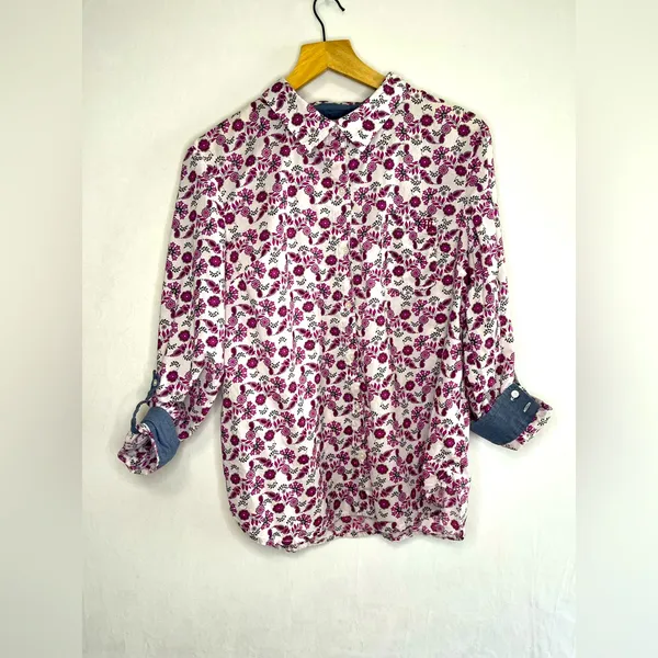 Tommy Hilfiger Women’s Pink Floral Cotton Buttoned Shirt Sz L Cottage Y2K Preppy - Image 5