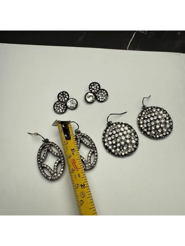 Rhinestone Dangle Drop / Stud Pierced Earrings Lot Of 3 Gunmetal Variety - Image 4