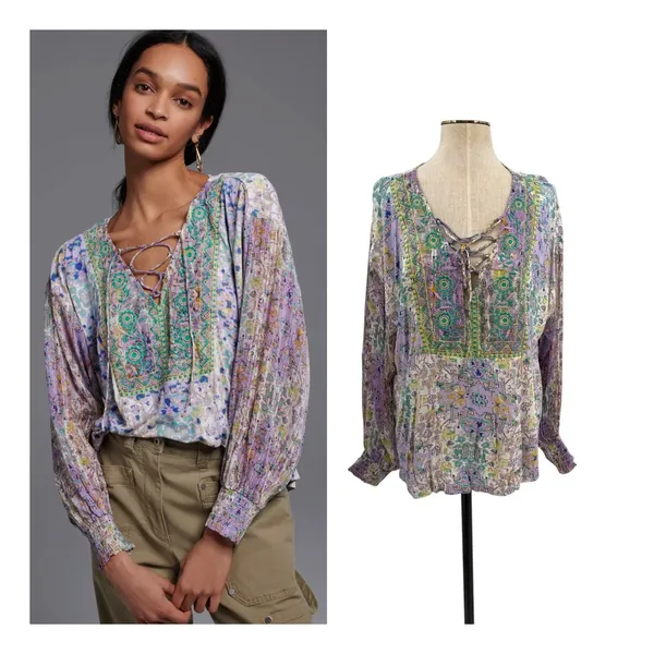 Anthropologie‎ Odetta Embroidered Boho Peasant Top Lavender Petite MP NWT - Image 2