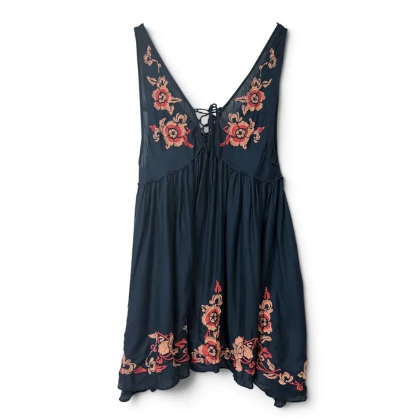 Free People Intimately Navy Blue Floral Embroidered Lace Up Mini Dress Small - Image 2