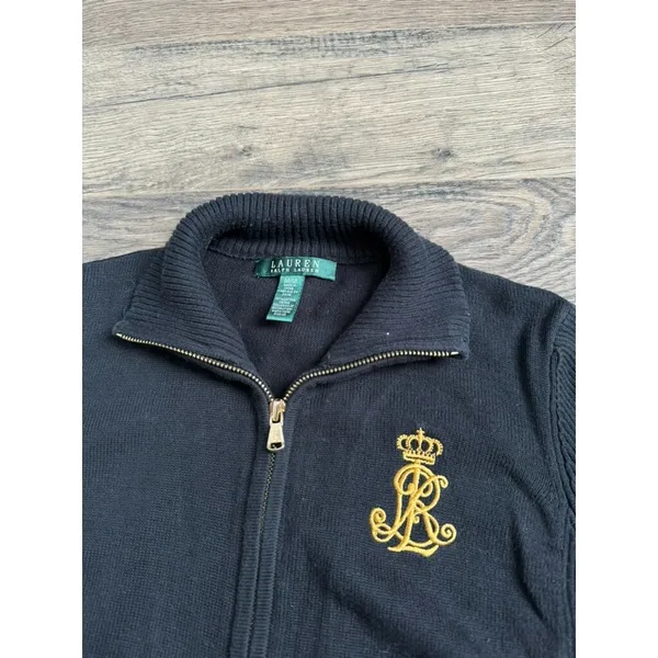 EUC Womens VINTAGE Lauren Ralph Lauren sweater zip black emblem gold detail SZ M - Image 3
