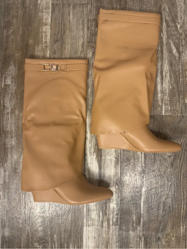 Over-the-Knee Smooth Beige Faux Leather Wedge Boots Size 9.5 Wide - Image 4